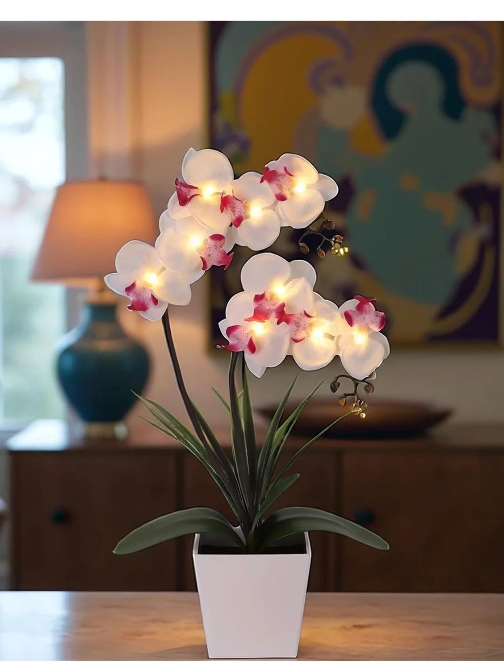 NIB White LED Faux Orchid Arrangement in White Planter 15